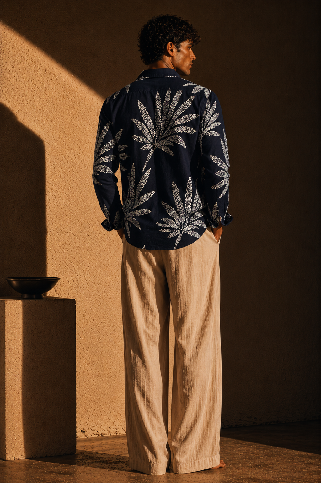 Men Printed Linen shirt-Navy Blue