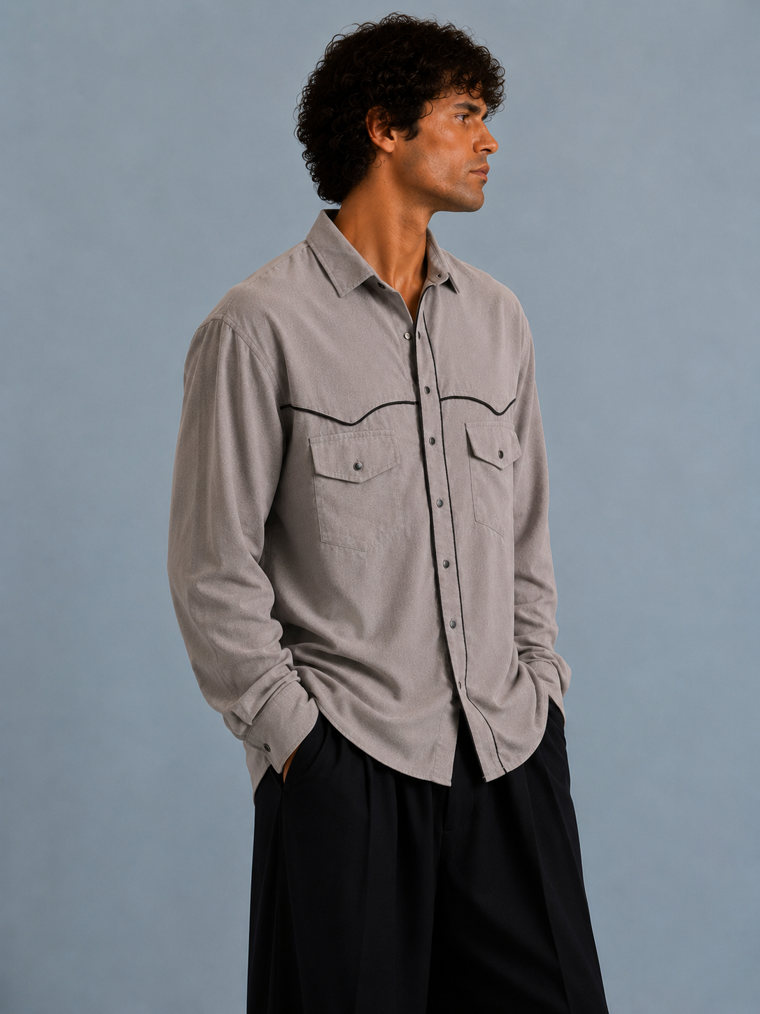 Men Suede Evening Shirt with Piping Detail- Light Grey