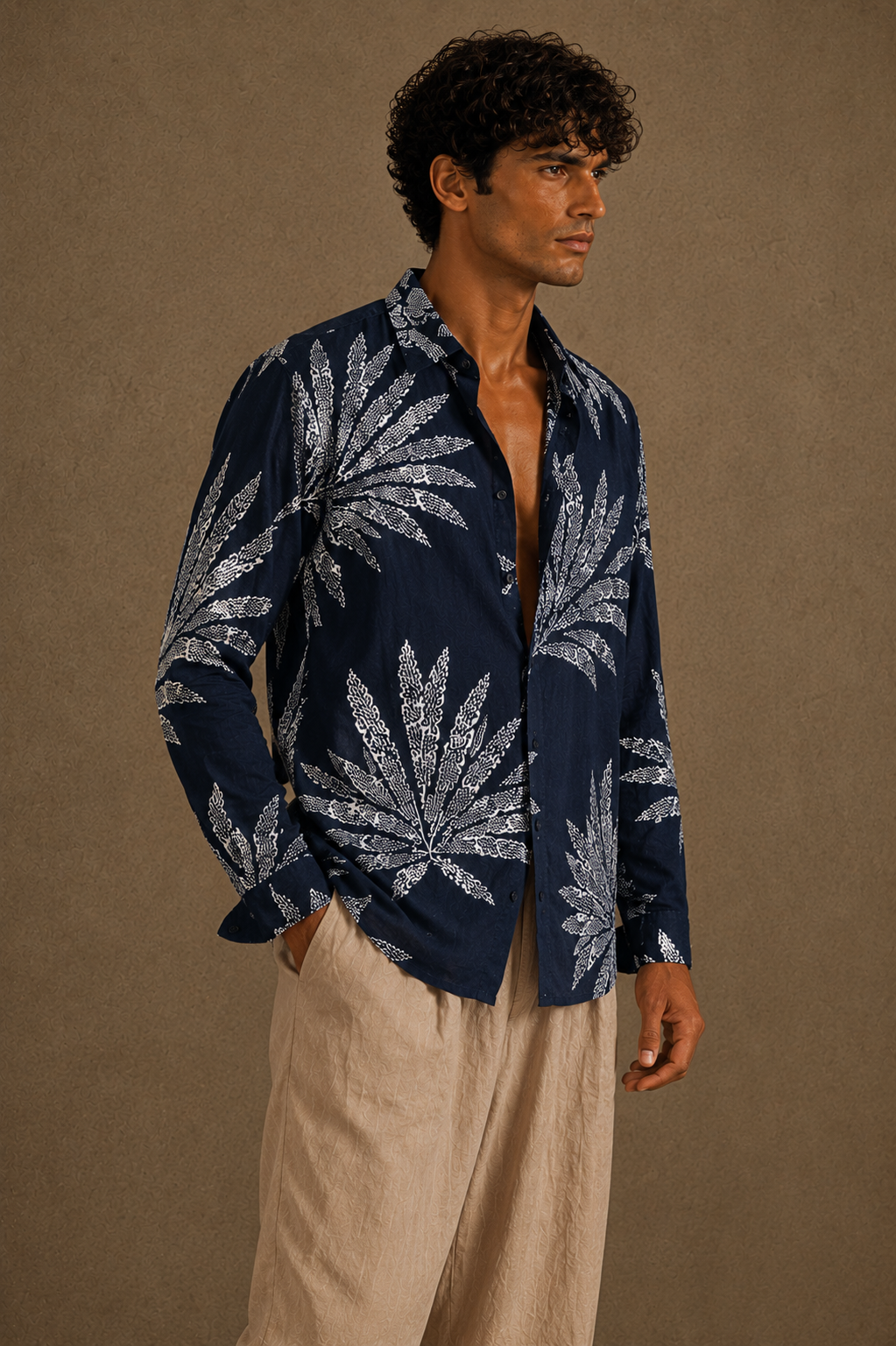 Men Printed Linen shirt-Navy Blue