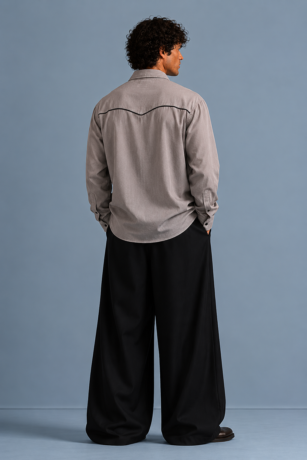 Men Suede Evening Shirt with Piping Detail- Light Grey