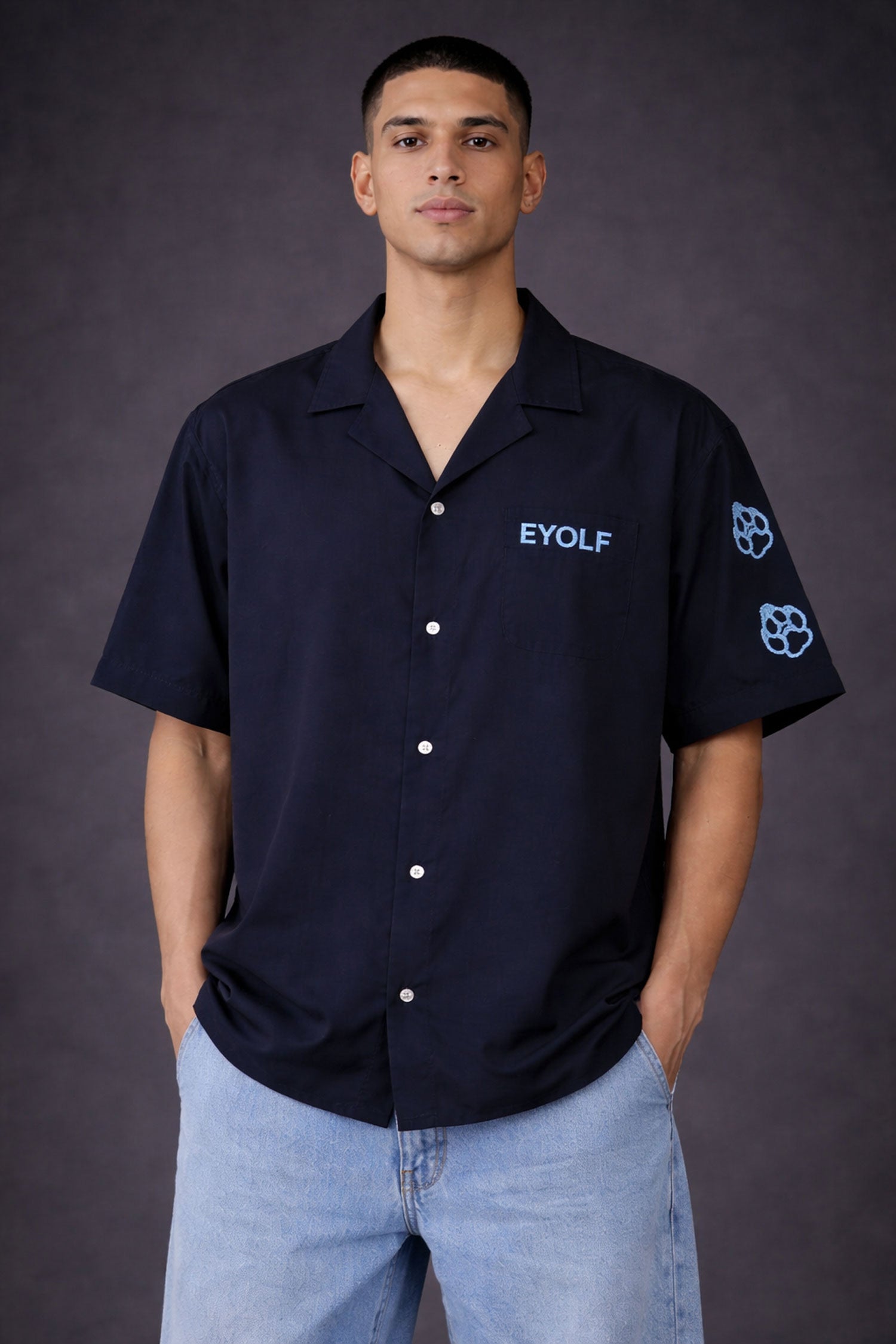 Men’s Navy Half Sleeve Embroidered Shirt