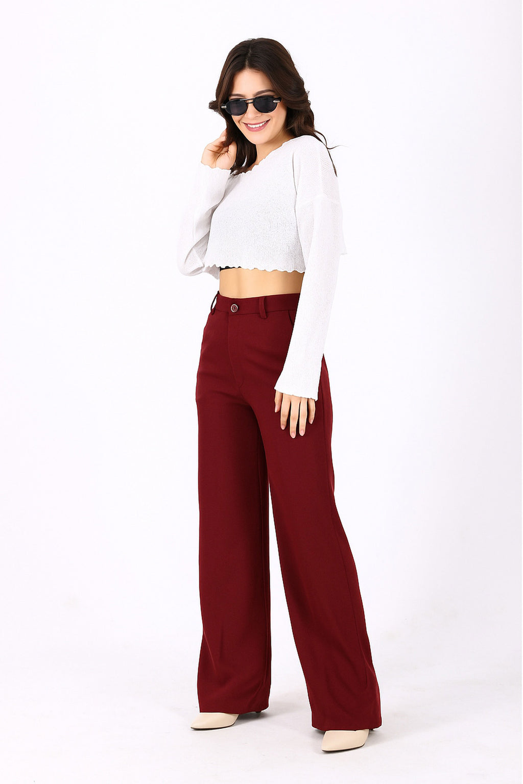 Straight Fit Wide Leg Trouser - Wine