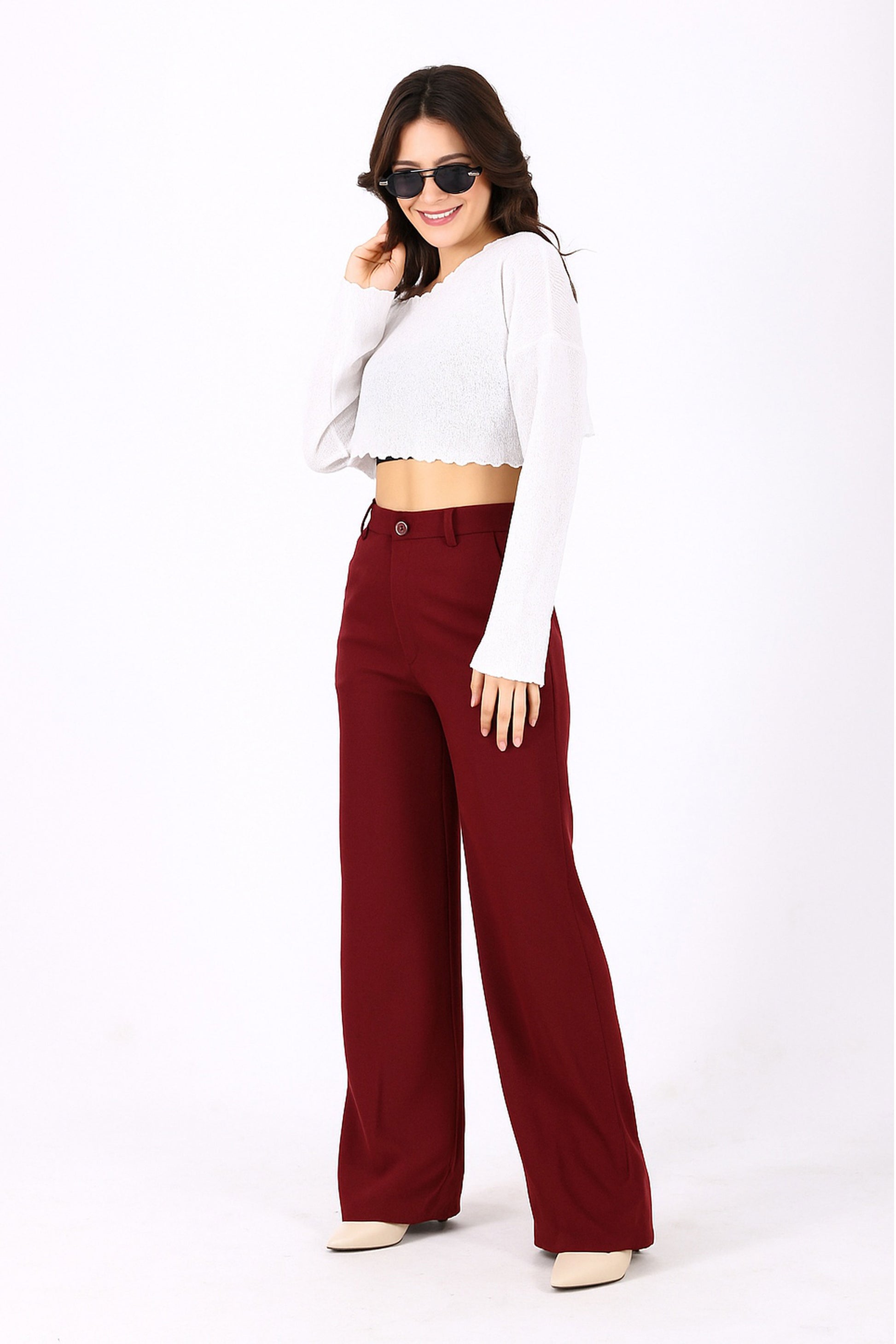 Straight Fit Wide Leg Trouser - Wine