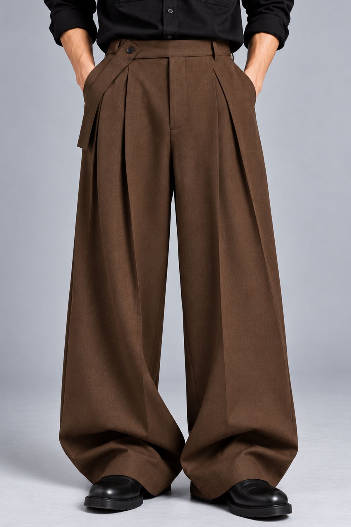 Men Straight Wide Leg Trouser with Removable Strap-Mocha