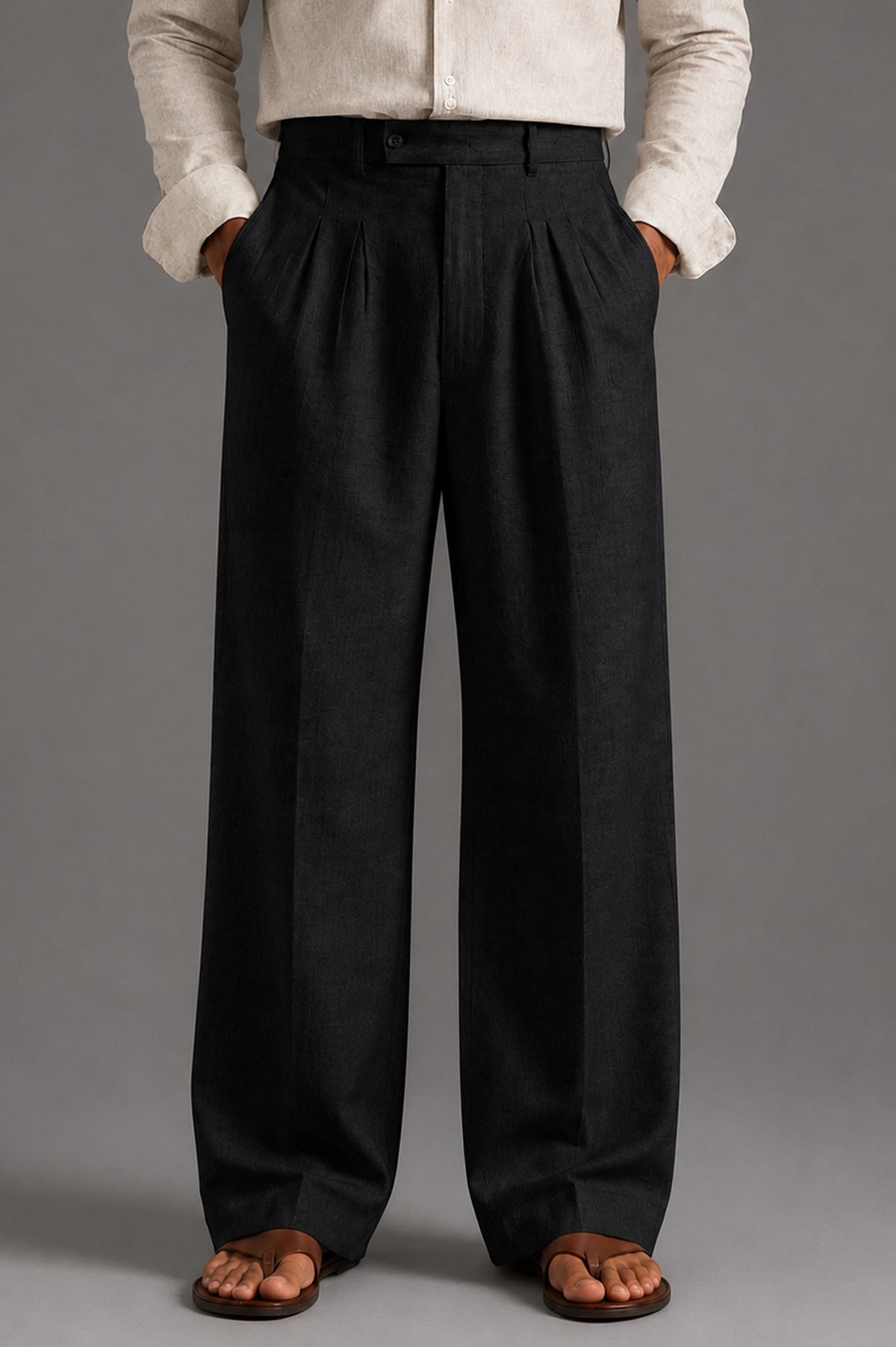 Men Linen Regular Pleated Trouser-Black