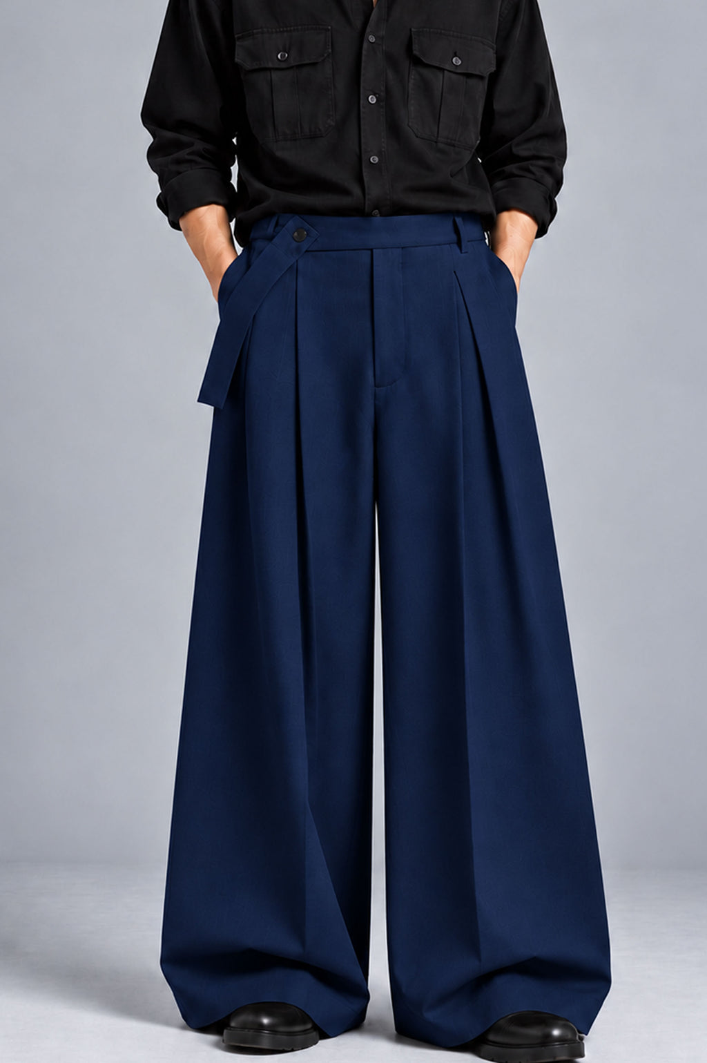 Men Straight Wide Leg Trouser with Removable Strap-Blue