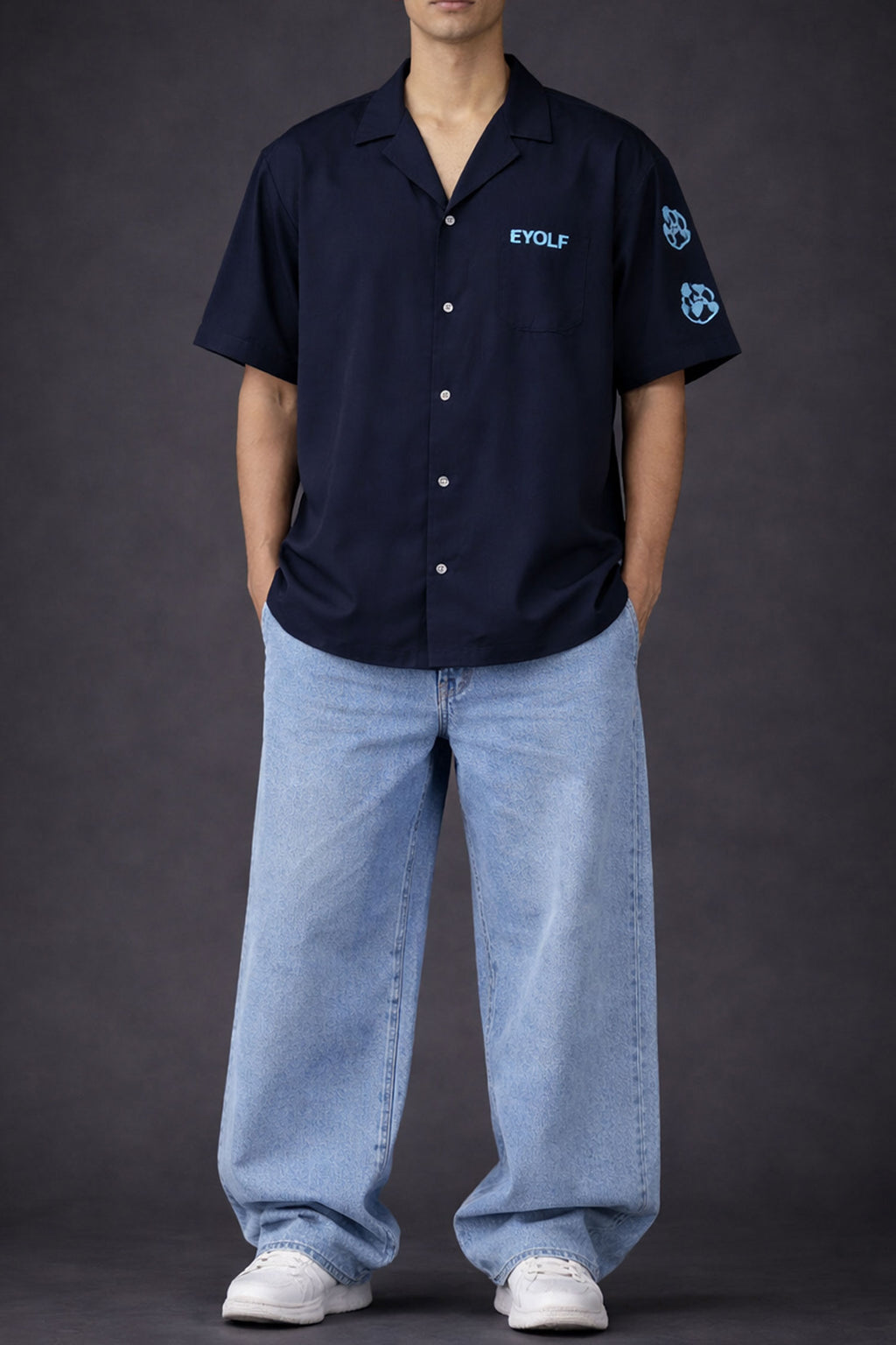 Men’s Navy Half Sleeve Embroidered Shirt