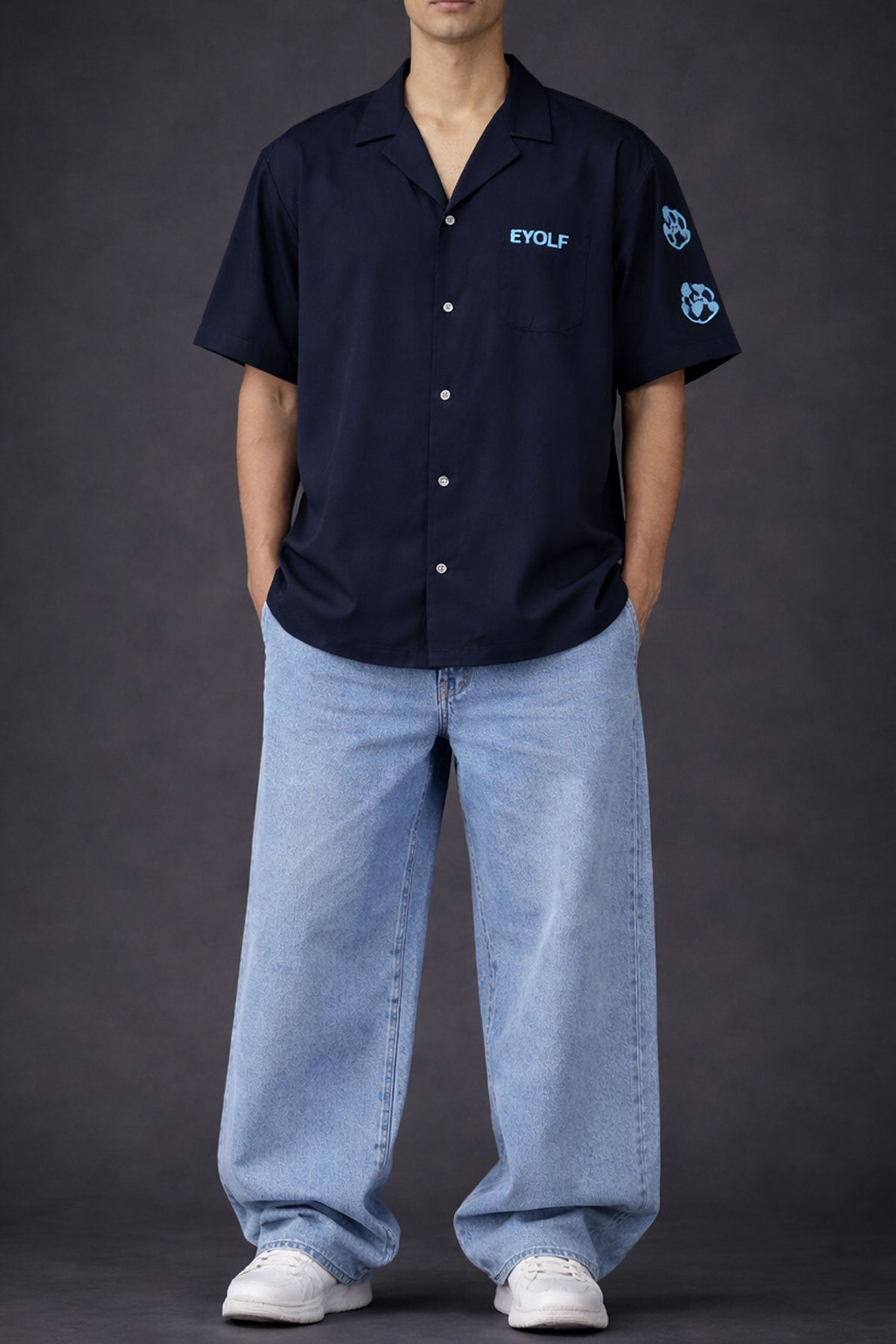 Men’s Navy Half Sleeve Embroidered Shirt